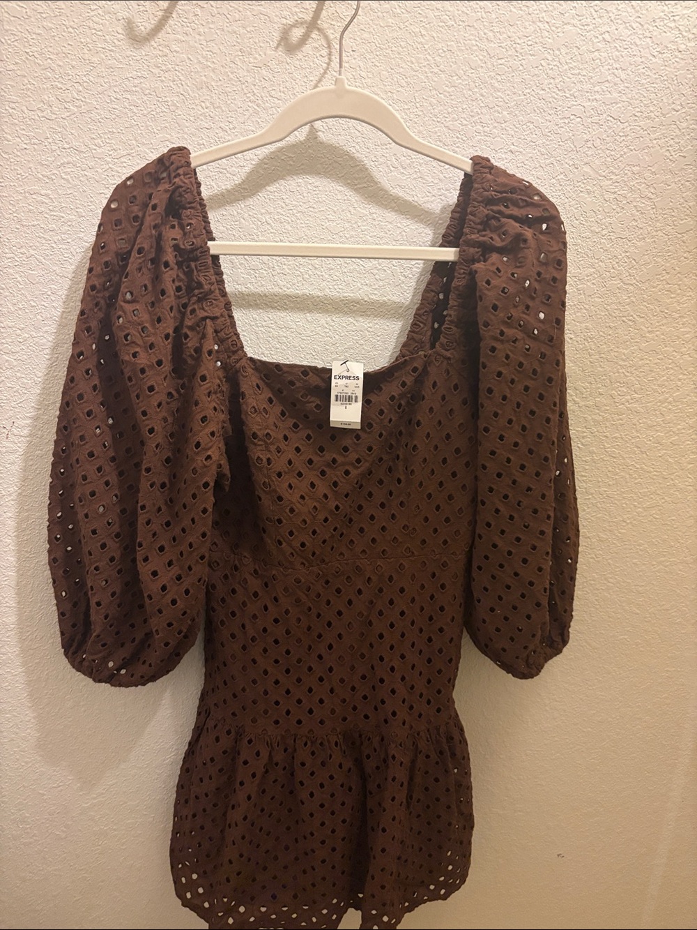 Express Brown Eyelet Puff Sleeve Mini Dress